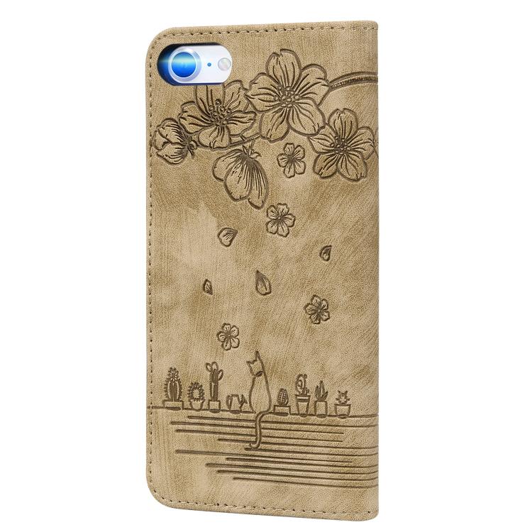 For iPhone 16e Cartoon Sakura Cat Embossed Leather Phone Case(Brown)