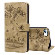 For iPhone 16e Cartoon Sakura Cat Embossed Leather Phone Case(Brown)