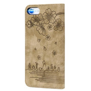For iPhone 16e Cartoon Sakura Cat Embossed Leather Phone Case(Brown)