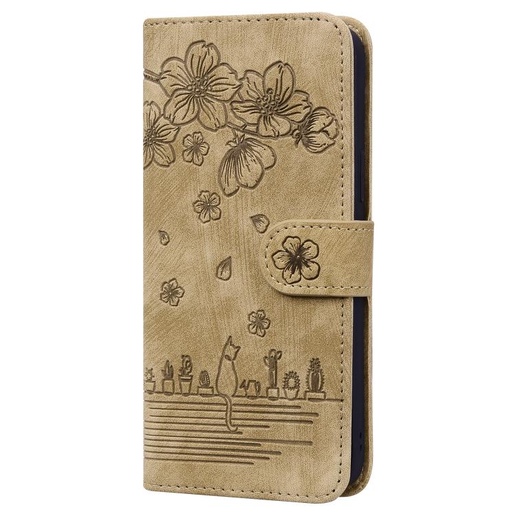 For iPhone 16e Cartoon Sakura Cat Embossed Leather Phone Case(Brown)