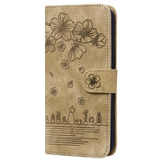 For iPhone 16e Cartoon Sakura Cat Embossed Leather Phone Case(Brown)