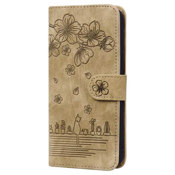 For iPhone 16e Cartoon Sakura Cat Embossed Leather Phone Case(Brown)