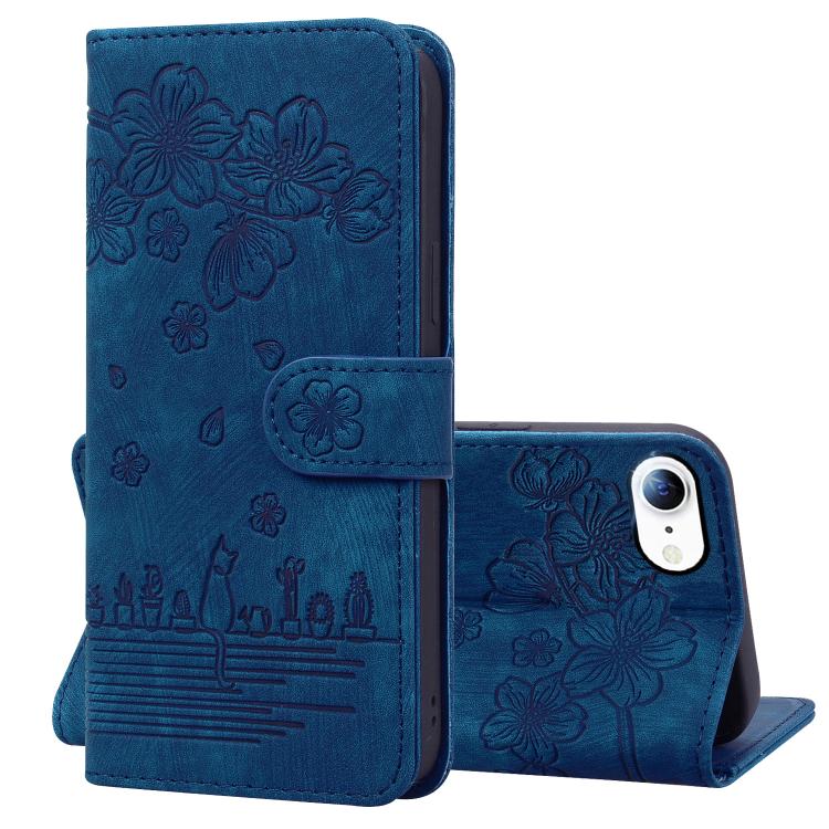 For iPhone 16e Cartoon Sakura Cat Embossed Leather Phone Case(Royal Blue)