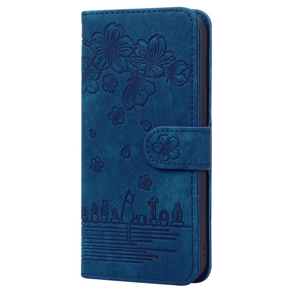 For iPhone 16e Cartoon Sakura Cat Embossed Leather Phone Case(Royal Blue)