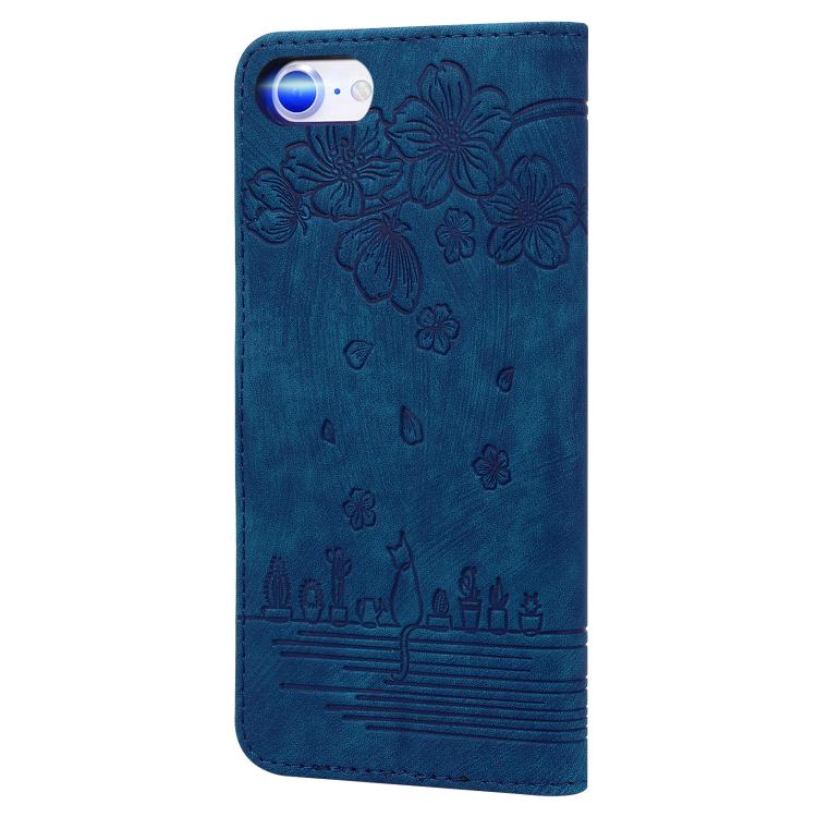 For iPhone 16e Cartoon Sakura Cat Embossed Leather Phone Case(Royal Blue)