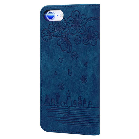 For iPhone 16e Cartoon Sakura Cat Embossed Leather Phone Case(Royal Blue)