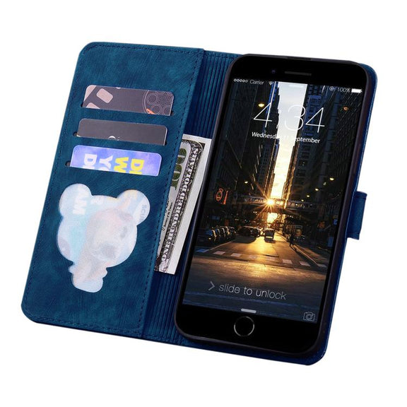 For iPhone 16e Cartoon Sakura Cat Embossed Leather Phone Case(Royal Blue)