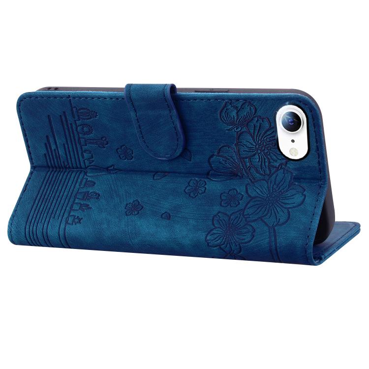 For iPhone 16e Cartoon Sakura Cat Embossed Leather Phone Case(Royal Blue)