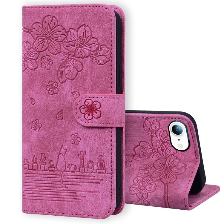 For iPhone 16e Cartoon Sakura Cat Embossed Leather Phone Case(Rose Red)
