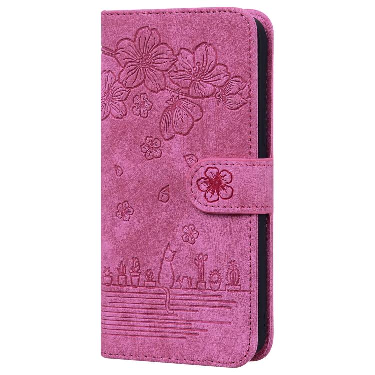 For iPhone 16e Cartoon Sakura Cat Embossed Leather Phone Case(Rose Red)