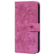 For iPhone 16e Cartoon Sakura Cat Embossed Leather Phone Case(Rose Red)