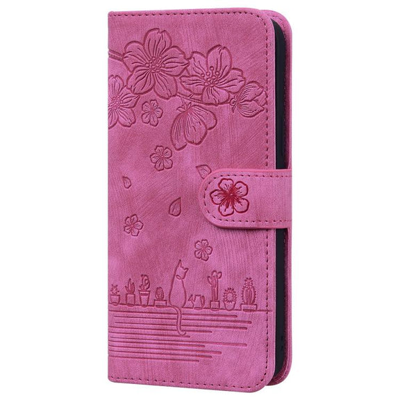 For iPhone 16e Cartoon Sakura Cat Embossed Leather Phone Case(Rose Red)
