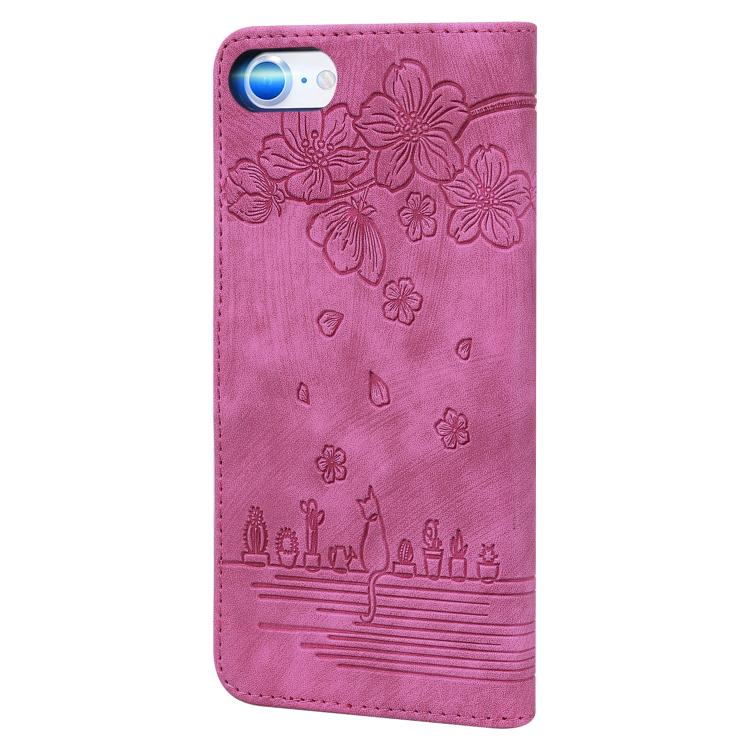 For iPhone 16e Cartoon Sakura Cat Embossed Leather Phone Case(Rose Red)