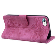 For iPhone 16e Cartoon Sakura Cat Embossed Leather Phone Case(Rose Red)
