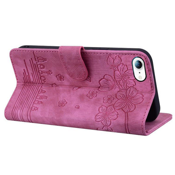 For iPhone 16e Cartoon Sakura Cat Embossed Leather Phone Case(Rose Red)
