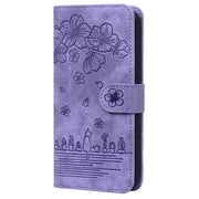 For iPhone 16e Cartoon Sakura Cat Embossed Leather Phone Case(Purple)