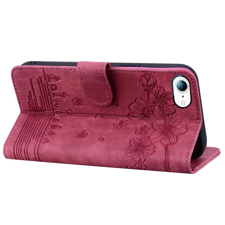 For iPhone 16e Cartoon Sakura Cat Embossed Leather Phone Case(Wine Red)