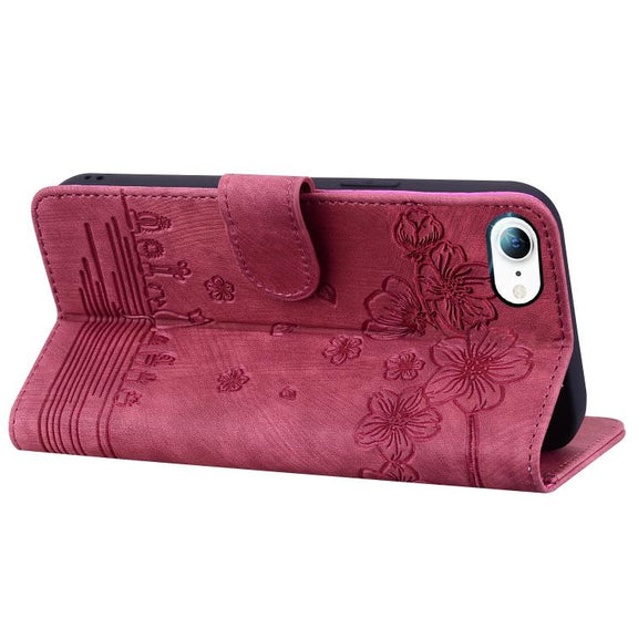 For iPhone 16e Cartoon Sakura Cat Embossed Leather Phone Case(Wine Red)