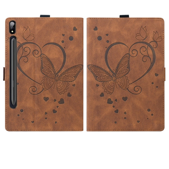 For Samsung Galaxy Tab S9 FE+ Love Butterfly Embossed Leather Tablet Case(Brown)