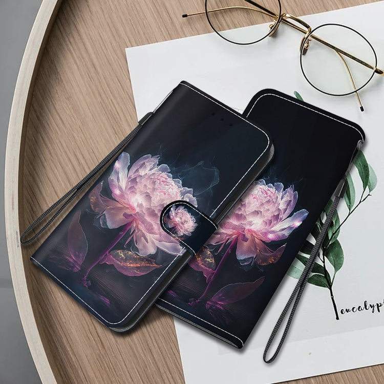 For Google Pixel 9 Pro Crystal Texture Colored Drawing Leather Phone Case(Purple Peony)