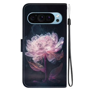 For Google Pixel 9 Pro Crystal Texture Colored Drawing Leather Phone Case(Purple Peony)