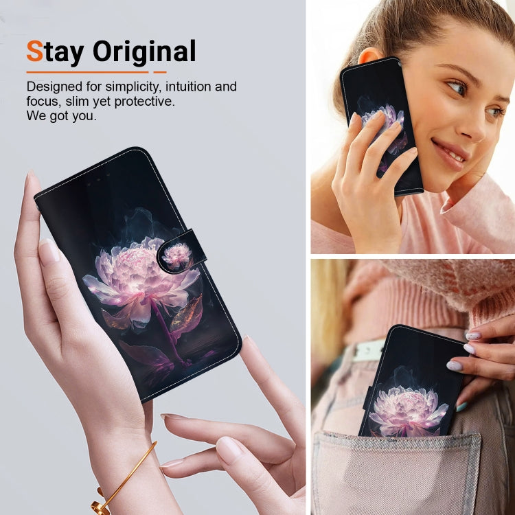 For Google Pixel 9 Pro Crystal Texture Colored Drawing Leather Phone Case(Purple Peony)