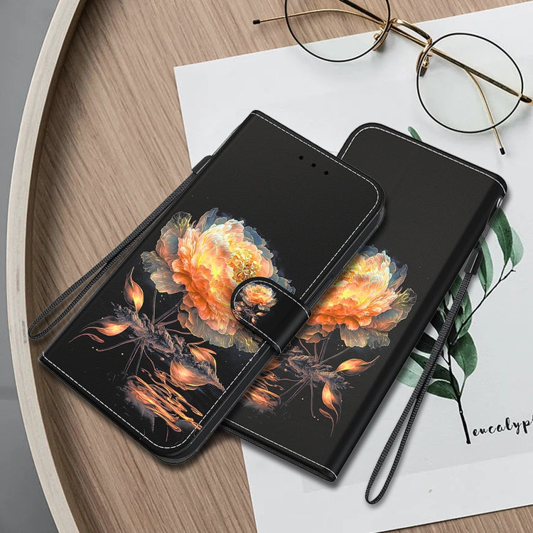 For Google Pixel 9 Pro Crystal Texture Colored Drawing Leather Phone Case(Gold Peony)