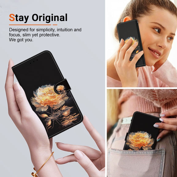 For Google Pixel 9 Pro Crystal Texture Colored Drawing Leather Phone Case(Gold Peony)