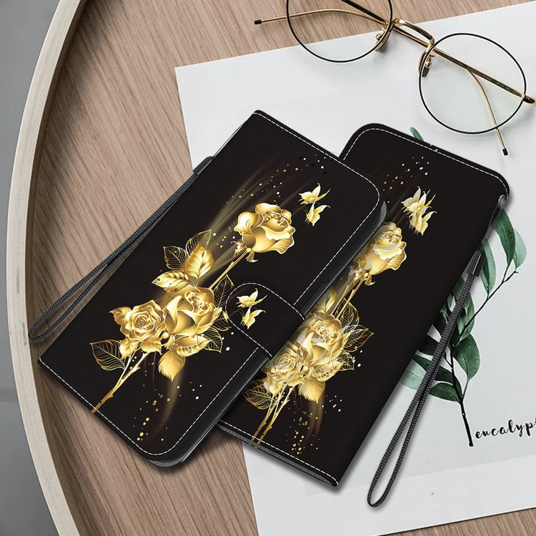 For Google Pixel 9 Pro Crystal Texture Colored Drawing Leather Phone Case(Gold Butterfly Rose)