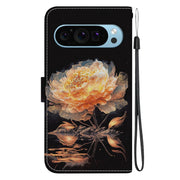 For Google Pixel 9 Crystal Texture Colored Drawing Leather Phone Case(Gold Peony)