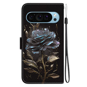 For Google Pixel 9 Crystal Texture Colored Drawing Leather Phone Case(Black Rose)