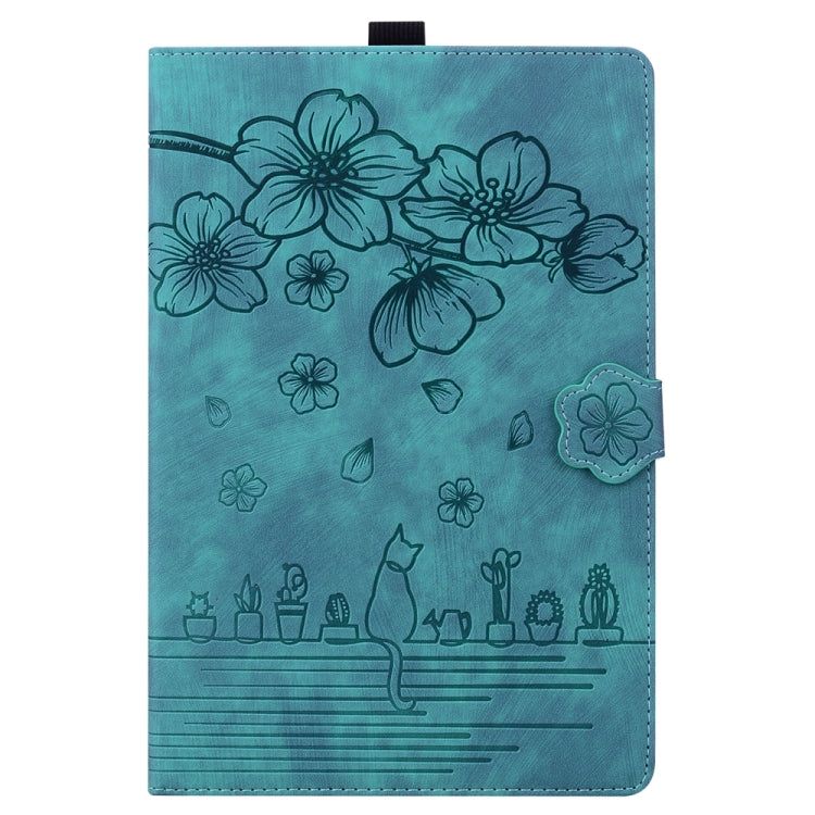 For iPad Pro 11 2024 Cartoon Sakura Cat Embossed Smart Leather Tablet Case(Green)