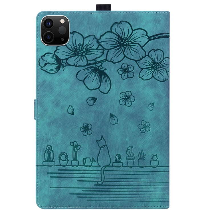 For iPad Pro 11 2024 Cartoon Sakura Cat Embossed Smart Leather Tablet Case(Green)