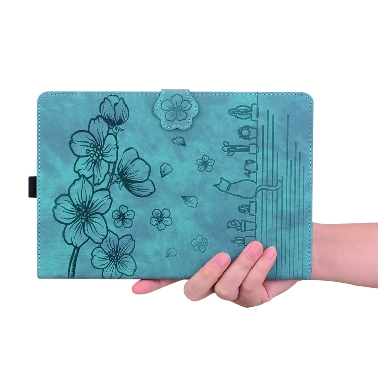 For iPad Pro 11 2024 Cartoon Sakura Cat Embossed Smart Leather Tablet Case(Green)