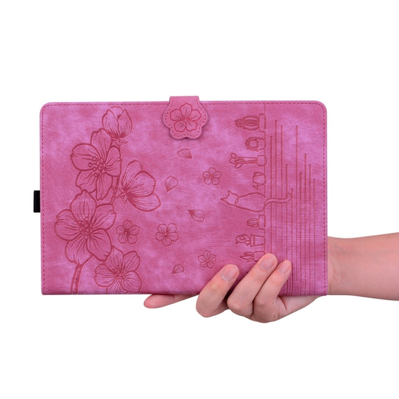 For iPad Pro 11 2024 Cartoon Sakura Cat Embossed Smart Leather Tablet Case(Rose Red)