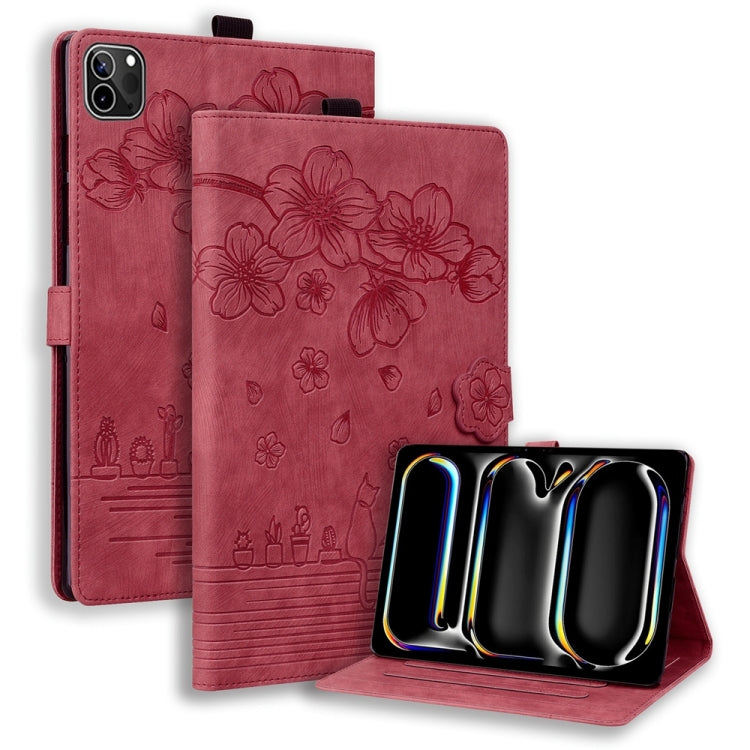 For iPad Pro 11 2024 Cartoon Sakura Cat Embossed Smart Leather Tablet Case(Red)