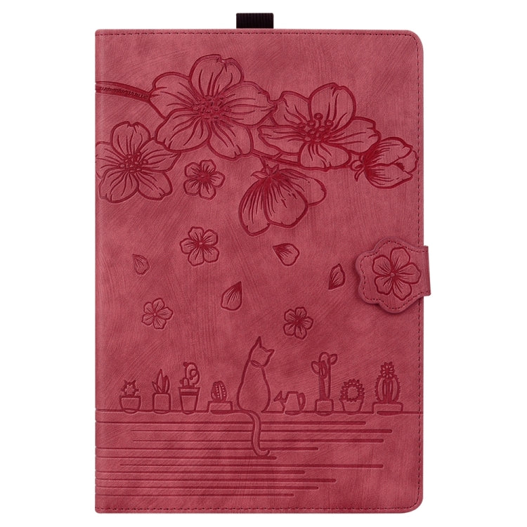 For iPad Pro 11 2024 Cartoon Sakura Cat Embossed Smart Leather Tablet Case(Red)