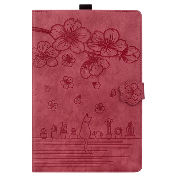 For iPad Pro 11 2024 Cartoon Sakura Cat Embossed Smart Leather Tablet Case(Red)