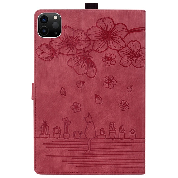 For iPad Pro 11 2024 Cartoon Sakura Cat Embossed Smart Leather Tablet Case(Red)