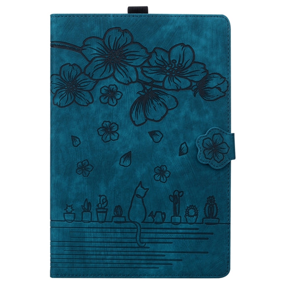 For iPad Pro 11 2024 Cartoon Sakura Cat Embossed Smart Leather Tablet Case(Blue)