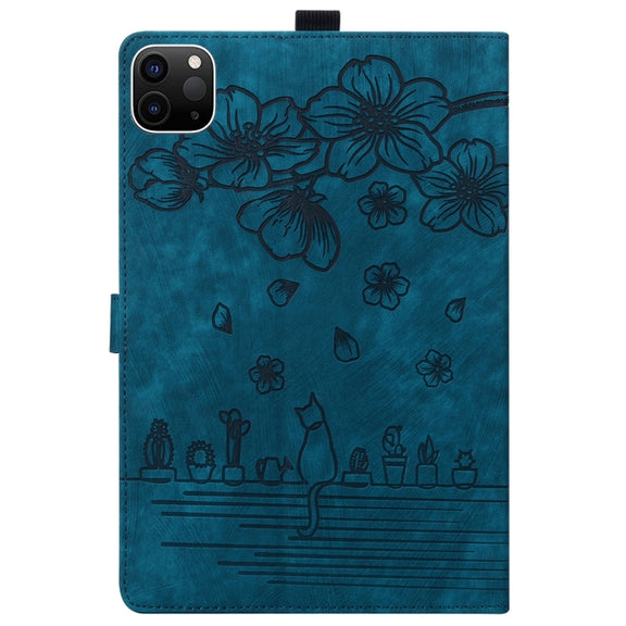 For iPad Pro 11 2024 Cartoon Sakura Cat Embossed Smart Leather Tablet Case(Blue)