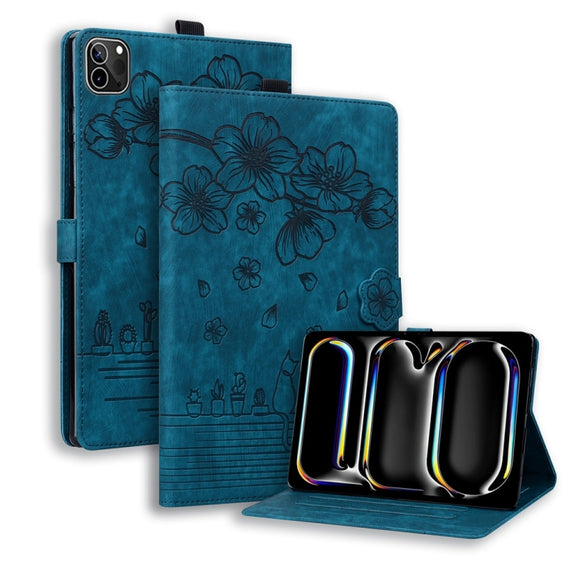 For iPad Pro 11 2024 Cartoon Sakura Cat Embossed Smart Leather Tablet Case(Blue)