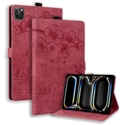 For iPad Pro 13 2024 Cartoon Sakura Cat Embossed Smart Leather Tablet Case(Red)