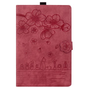 For iPad Pro 13 2024 Cartoon Sakura Cat Embossed Smart Leather Tablet Case(Red)
