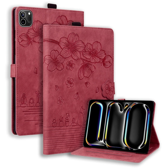 For iPad Pro 13 2024 Cartoon Sakura Cat Embossed Smart Leather Tablet Case(Red)