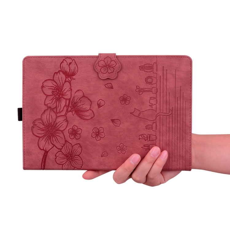 For iPad Pro 13 2024 Cartoon Sakura Cat Embossed Smart Leather Tablet Case(Red)