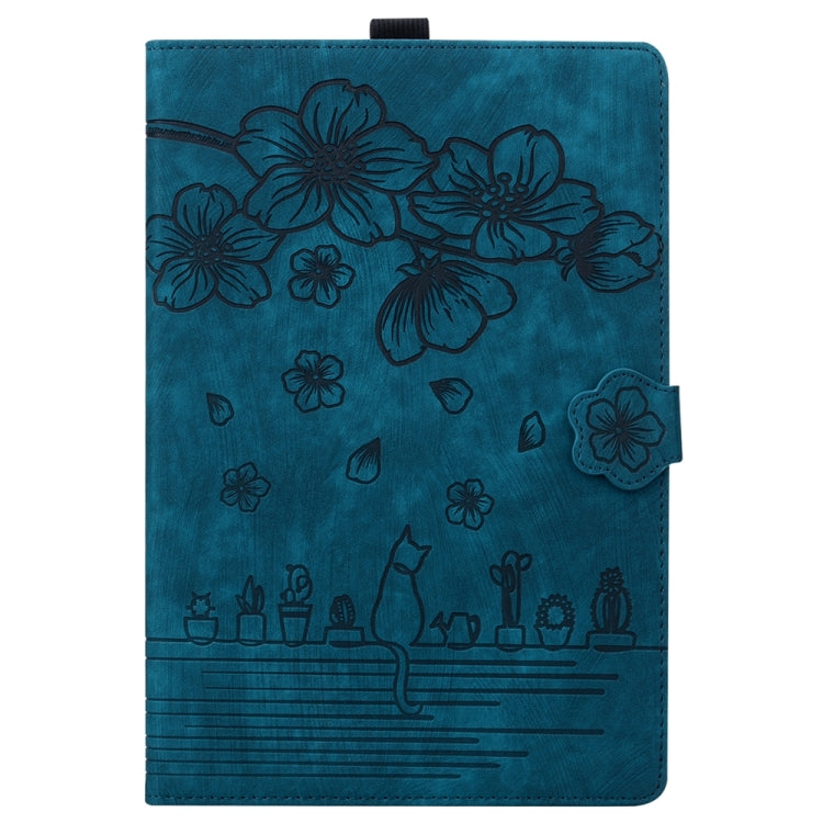 For iPad Pro 13 2024 Cartoon Sakura Cat Embossed Smart Leather Tablet Case(Blue)