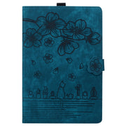 For iPad Pro 13 2024 Cartoon Sakura Cat Embossed Smart Leather Tablet Case(Blue)