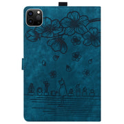 For iPad Pro 13 2024 Cartoon Sakura Cat Embossed Smart Leather Tablet Case(Blue)