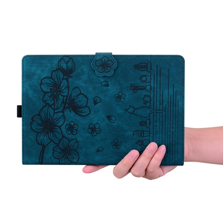 For iPad Pro 13 2024 Cartoon Sakura Cat Embossed Smart Leather Tablet Case(Blue)